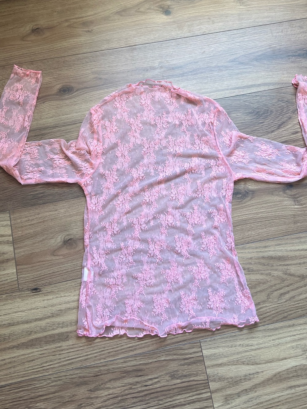 Y2K Pink Sheer Lace Mock Neck Top Lettuce Hem Size Large Coquette